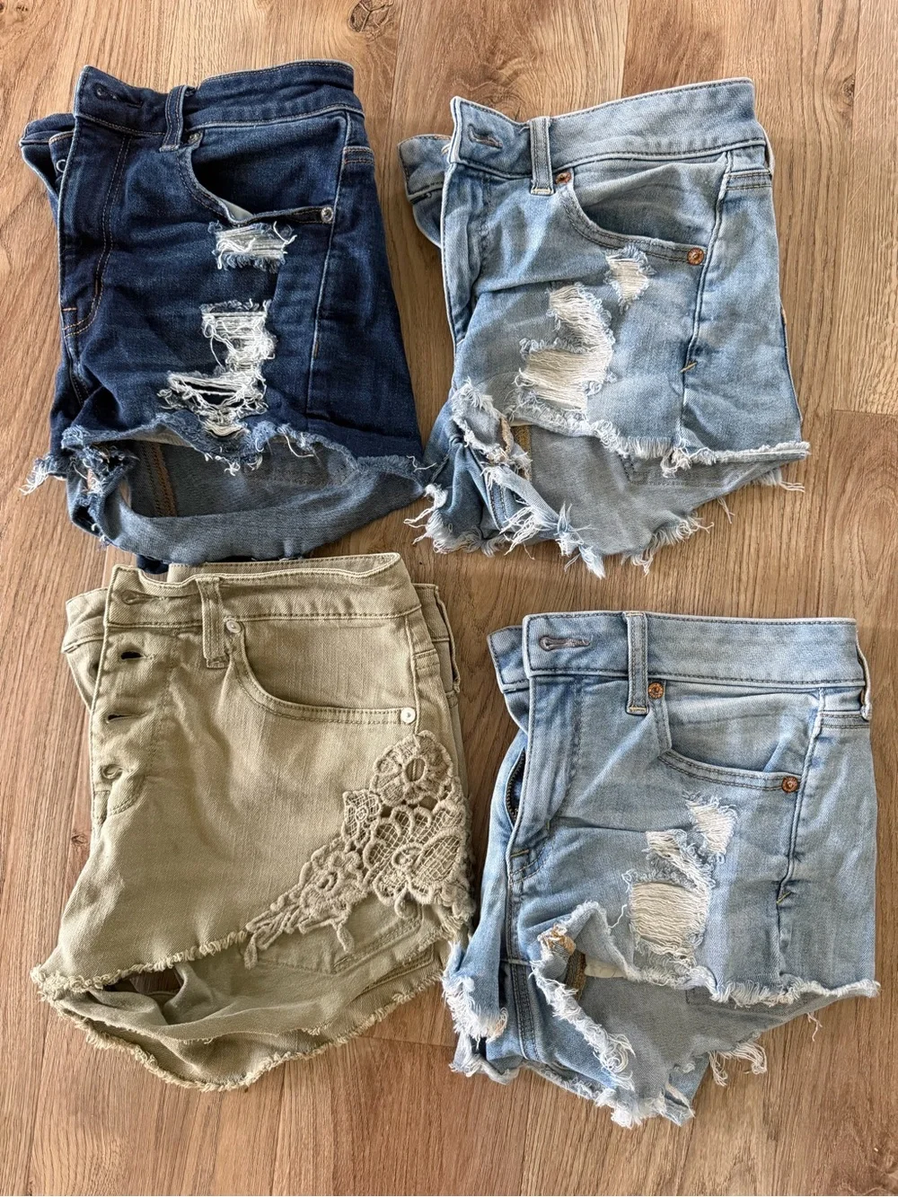 Distressed High-Rise Women's Denim Shorts - Light Blue, Dark Blue, Olive
